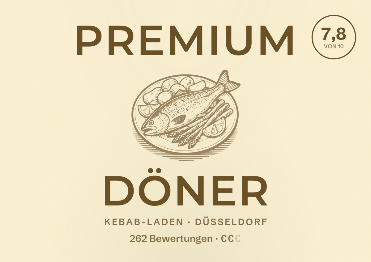 Illustriertes Poster von Premium Döner, Kebab-Laden in Düsseldorf: Bewertung 7,8 von 10 aus 262 Bewertungen, Preisniveau €€
