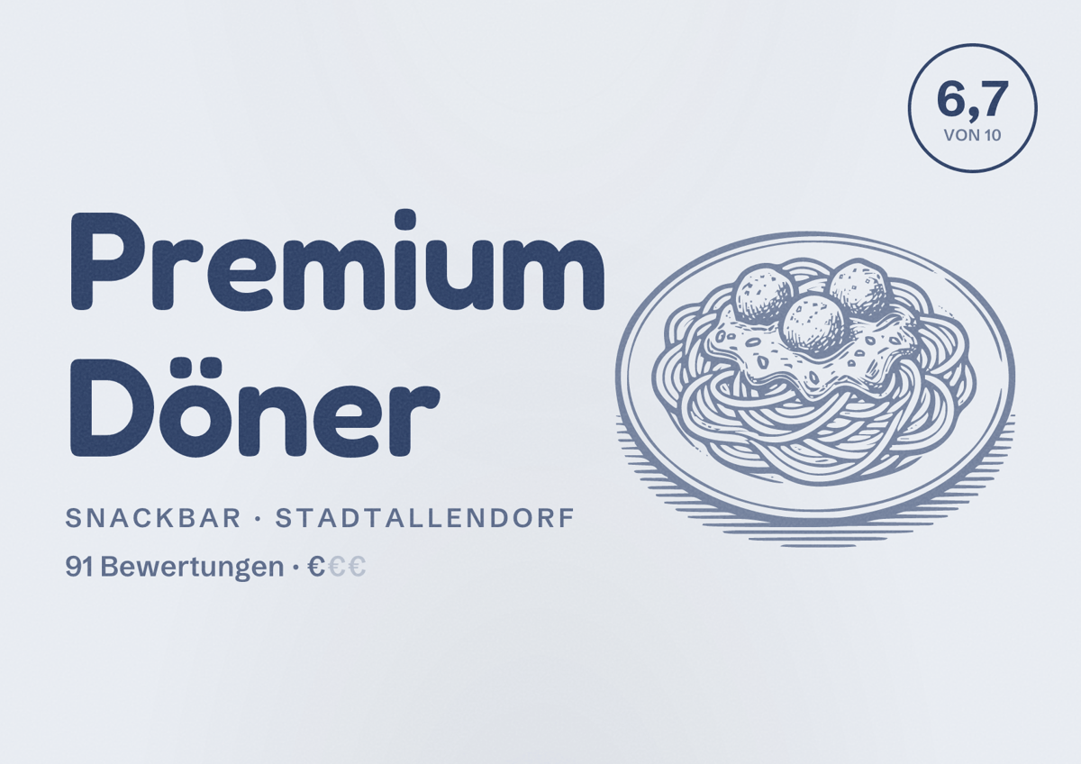 Illustriertes Poster von Premium Döner, Snackbar in Stadtallendorf: Bewertung 6,7 von 10 aus 91 Bewertungen, Preisniveau €