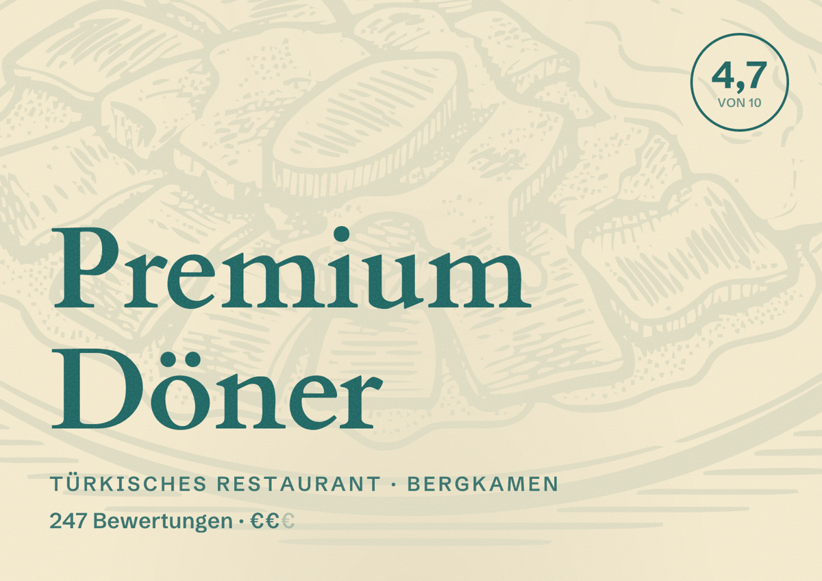 Illustriertes Poster von Premium Döner, Türkisches Restaurant in Bergkamen: Bewertung 4,7 von 10 aus 247 Bewertungen, Preisniveau €€