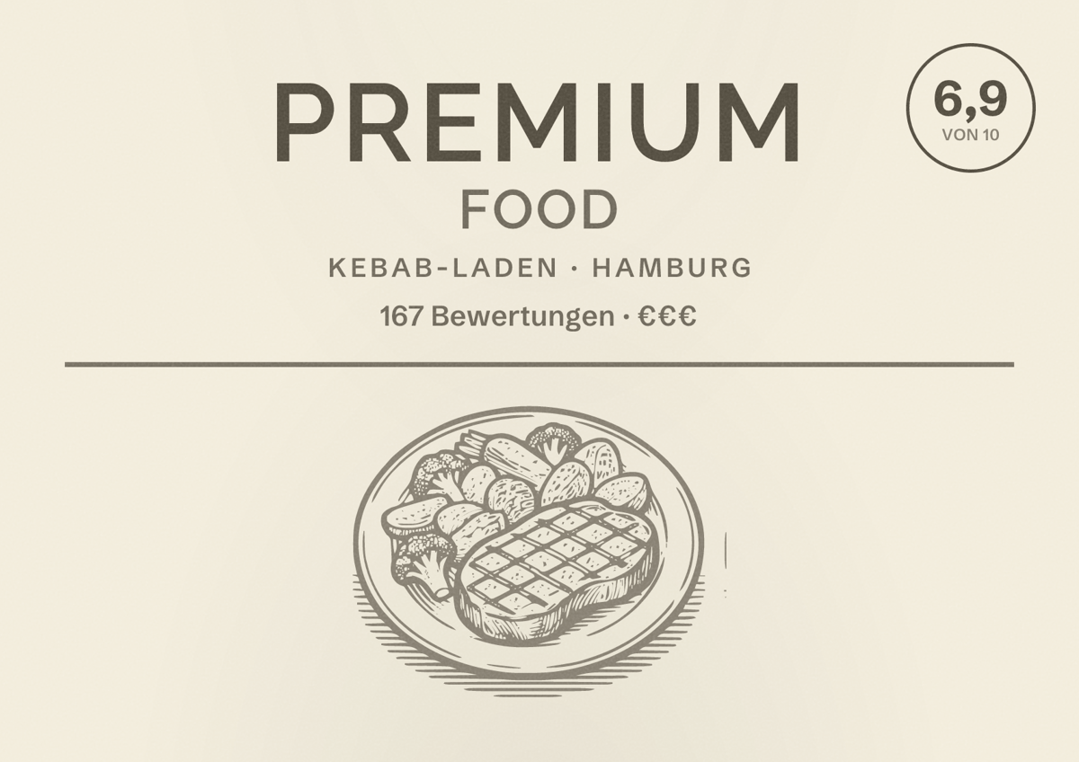 Illustriertes Poster von Premium Food, Kebab-Laden in Hamburg: Bewertung 6,9 von 10 aus 167 Bewertungen, Preisniveau €€€