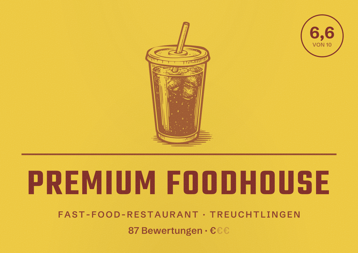 Illustriertes Poster von Premium Foodhouse, Fast-Food-Restaurant in Treuchtlingen: Bewertung 6,6 von 10 aus 87 Bewertungen, Preisniveau €