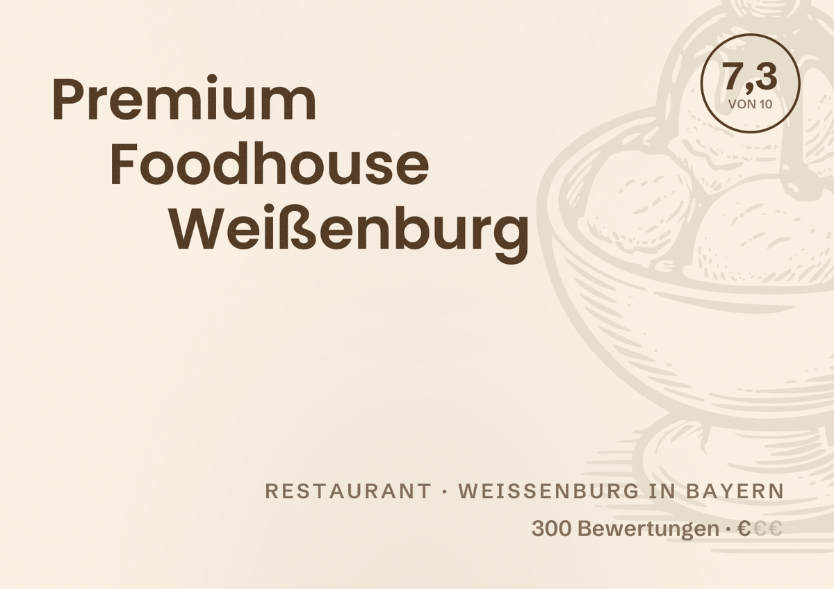 Illustriertes Poster von Premium Foodhouse Weißenburg, Restaurant in Weißenburg in Bayern: Bewertung 7,3 von 10 aus 300 Bewertungen, Preisniveau €