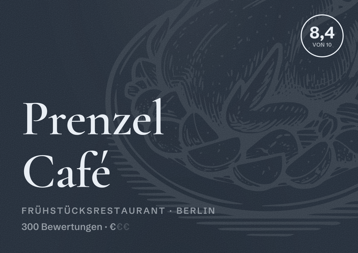 Illustriertes Poster von Prenzel Café, Frühstücksrestaurant in Berlin: Bewertung 8,4 von 10 aus 300 Bewertungen, Preisniveau €