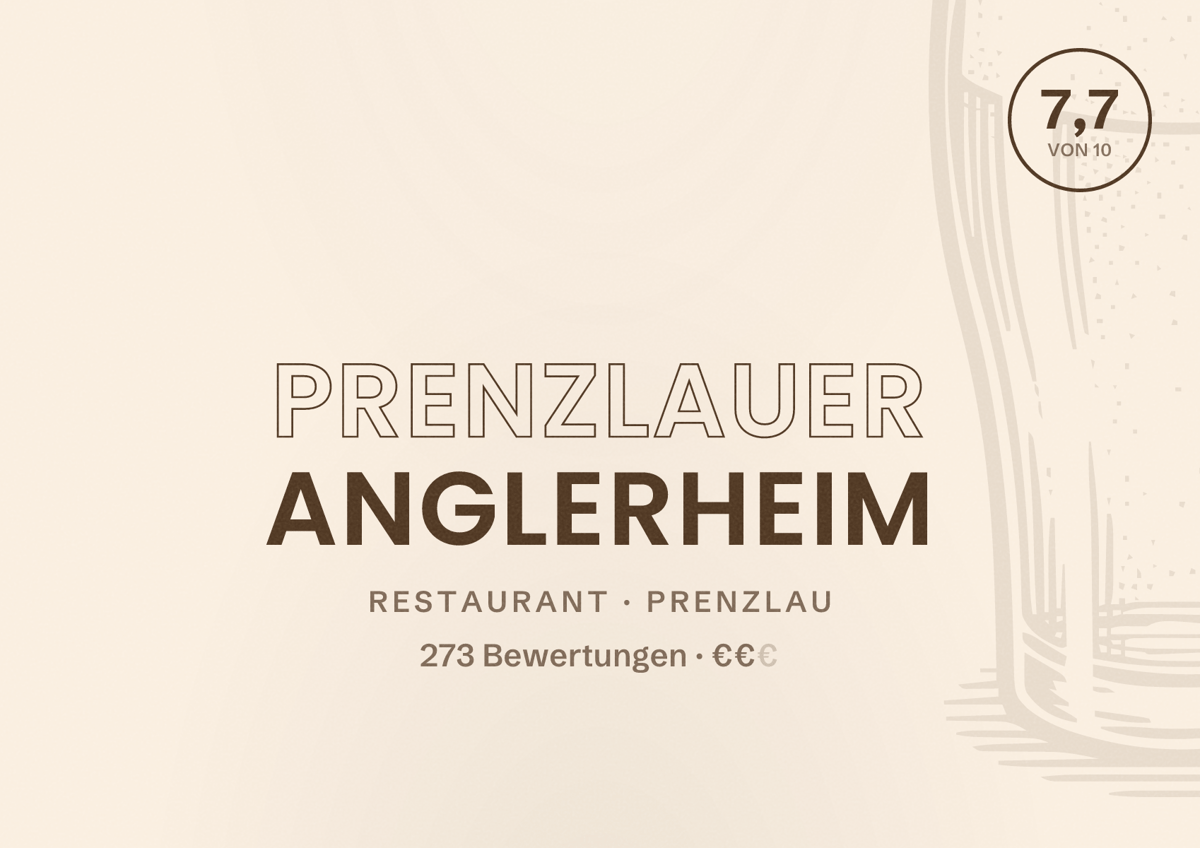 Illustriertes Poster von Prenzlauer Anglerheim, Restaurant in Prenzlau: Bewertung 7,7 von 10 aus 273 Bewertungen, Preisniveau €€