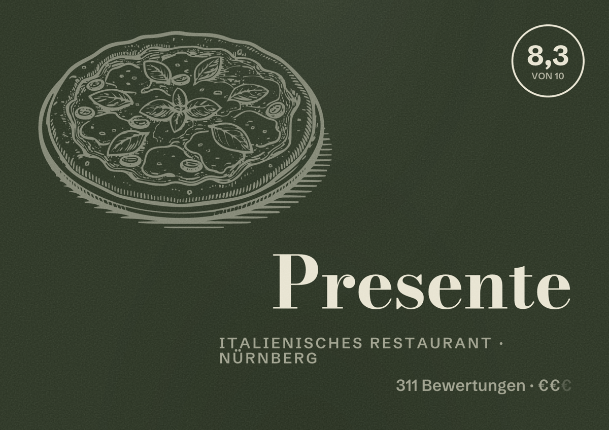 Illustriertes Poster von Presente, Italienisches Restaurant in Nürnberg: Bewertung 8,3 von 10 aus 311 Bewertungen, Preisniveau €€