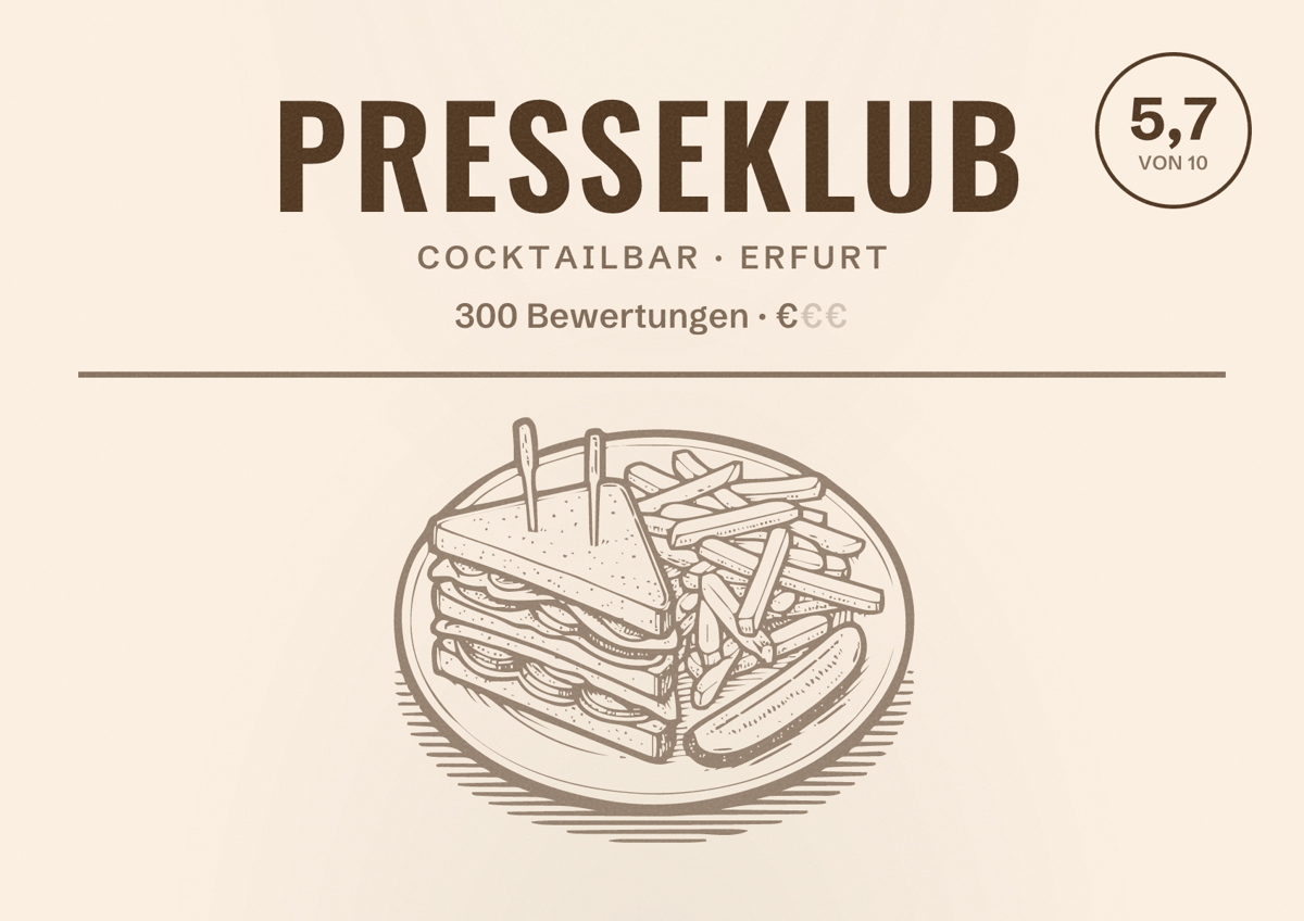 Illustriertes Poster von Presseklub, Cocktailbar in Erfurt: Bewertung 5,7 von 10 aus 300 Bewertungen, Preisniveau €