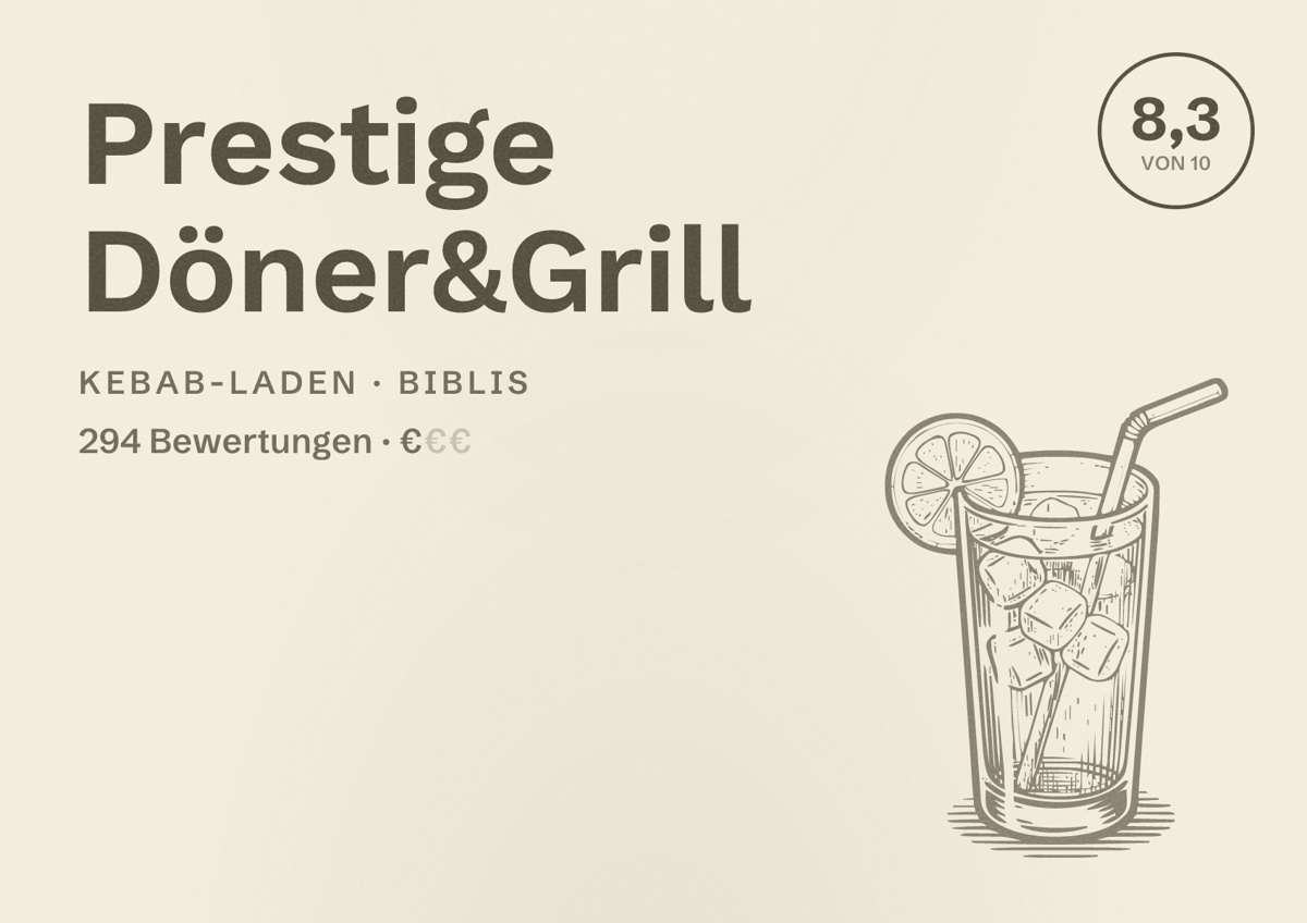 Illustriertes Poster von Prestige Döner&Grill, Kebab-Laden in Biblis: Bewertung 8,3 von 10 aus 294 Bewertungen, Preisniveau €