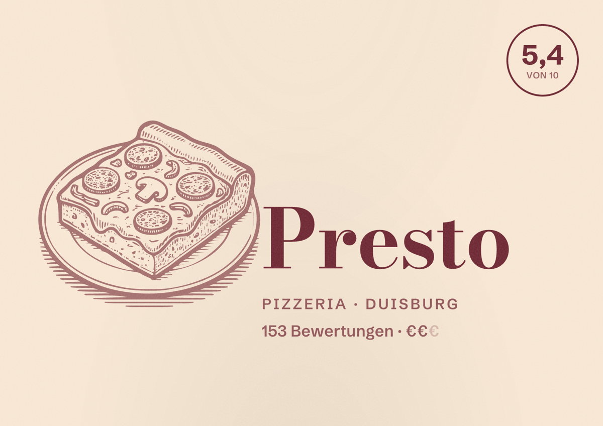 Illustriertes Poster von Presto, Pizzeria in Duisburg: Bewertung 5,5 von 10 aus 153 Bewertungen, Preisniveau €€