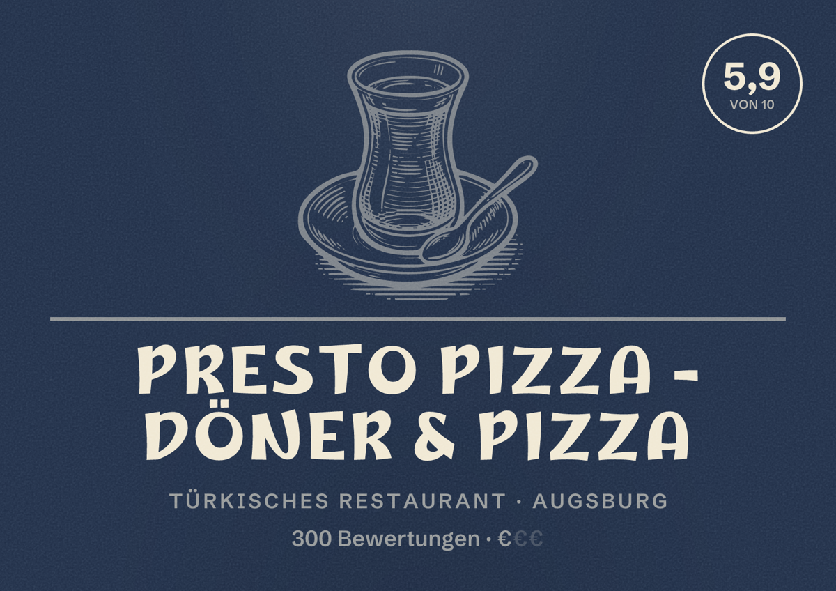 Illustriertes Poster von Presto Pizza - Döner & Pizza, Türkisches Restaurant in Augsburg: Bewertung 5,9 von 10 aus 300 Bewertungen, Preisniveau €