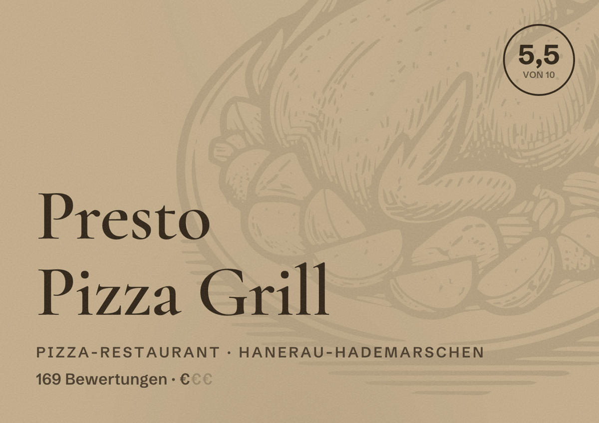 Illustriertes Poster von Presto Pizza Grill, Pizza-Restaurant in Hanerau-Hademarschen: Bewertung 5,5 von 10 aus 169 Bewertungen, Preisniveau €