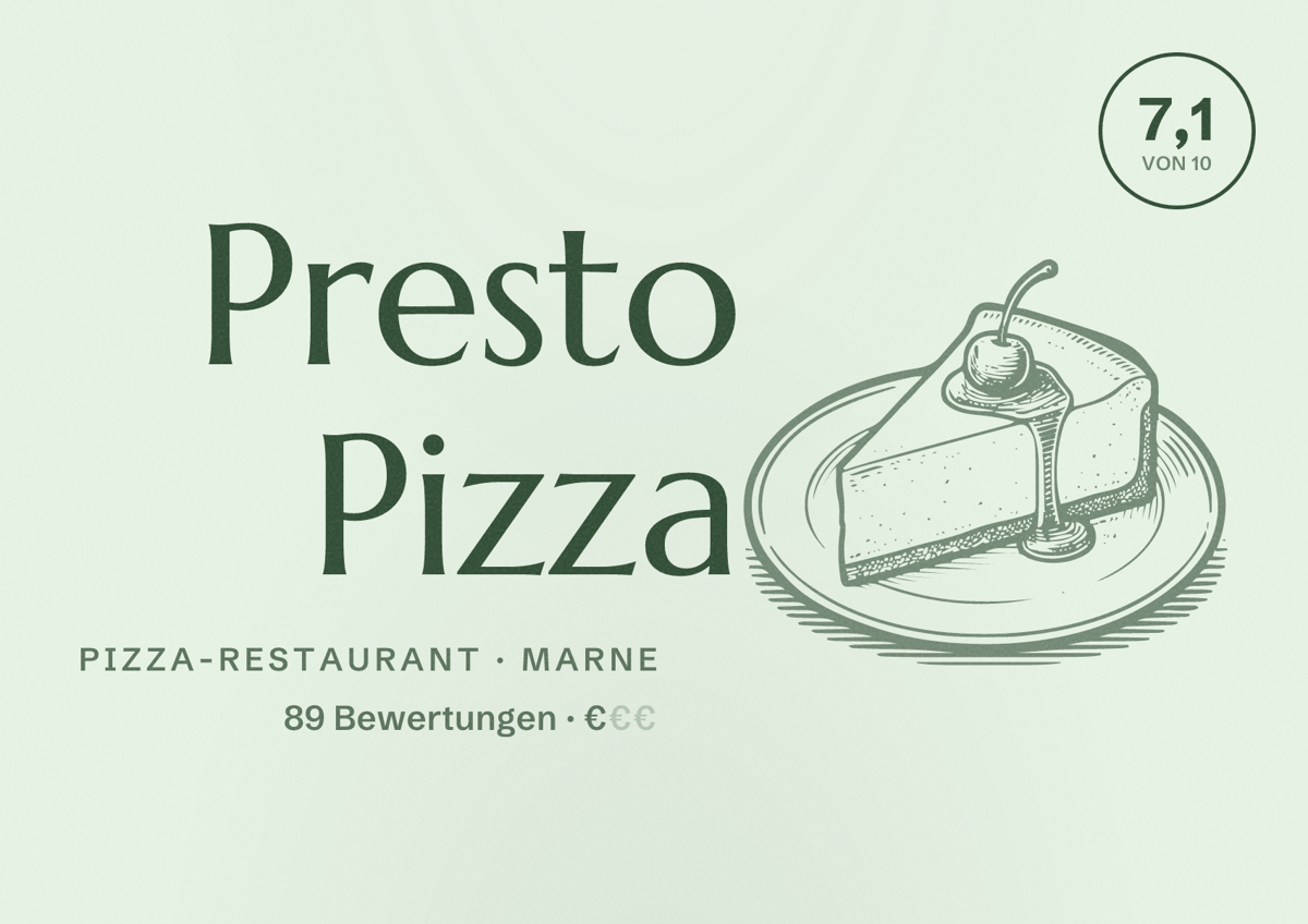 Illustriertes Poster von Presto Pizza, Pizza-Restaurant in Marne: Bewertung 7,1 von 10 aus 89 Bewertungen, Preisniveau €