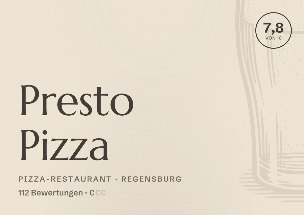 Illustriertes Poster von Presto Pizza, Pizza-Restaurant in Regensburg: Bewertung 7,8 von 10 aus 112 Bewertungen, Preisniveau €