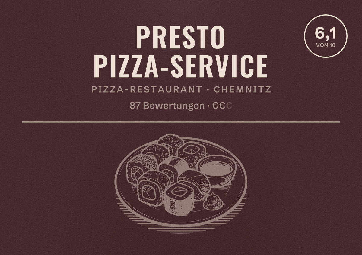 Illustriertes Poster von PRESTO Pizza-Service, Pizza-Restaurant in Chemnitz: Bewertung 6,1 von 10 aus 87 Bewertungen, Preisniveau €€