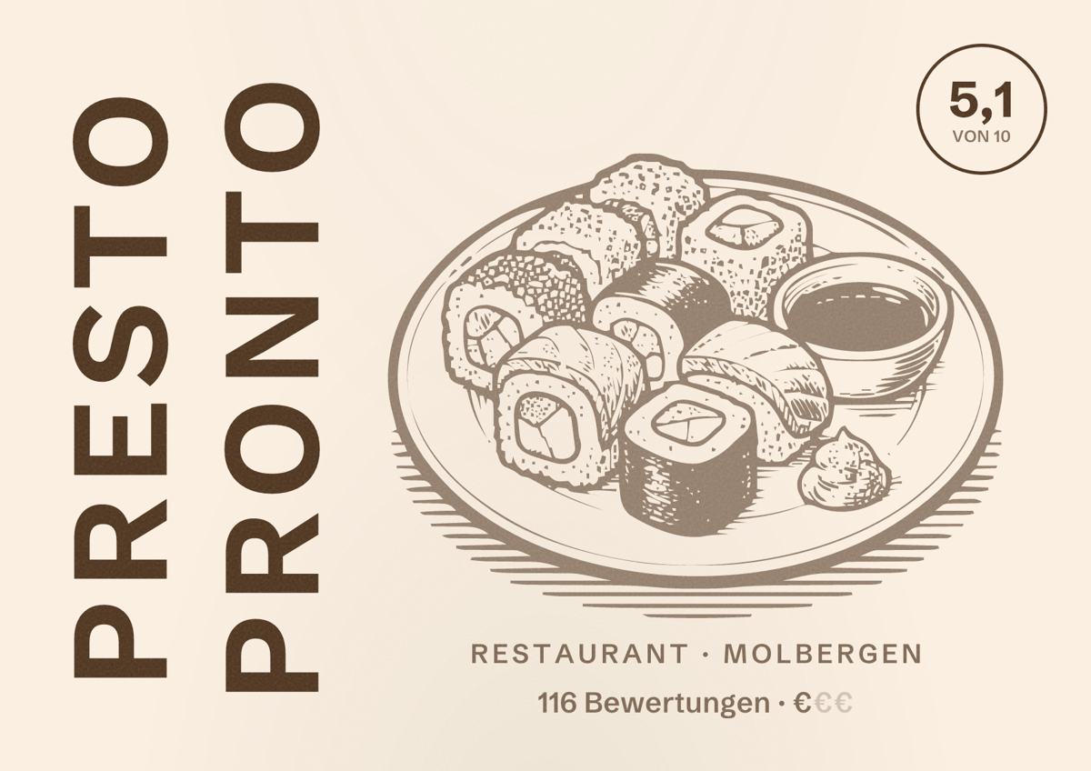 Illustriertes Poster von Presto Pronto, Restaurant in Molbergen: Bewertung 5,1 von 10 aus 116 Bewertungen, Preisniveau €