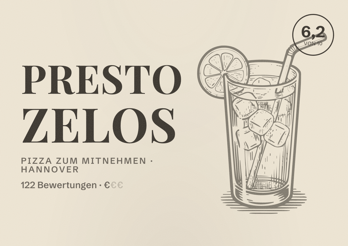Illustriertes Poster von Presto Zelos, Pizza zum Mitnehmen in Hannover: Bewertung 6,2 von 10 aus 122 Bewertungen, Preisniveau €