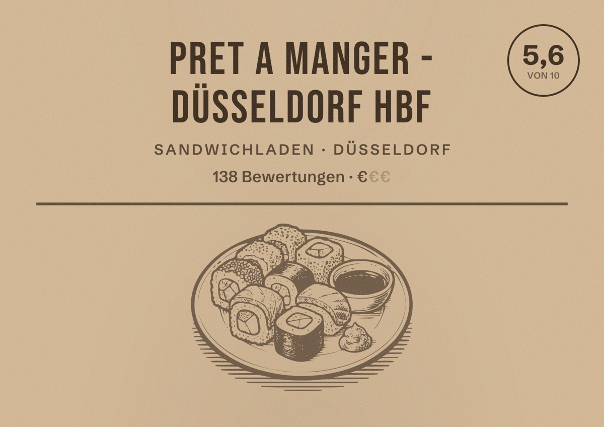 Illustriertes Poster von Pret A Manger - Düsseldorf Hbf, Sandwichladen in Düsseldorf: Bewertung 5,6 von 10 aus 138 Bewertungen, Preisniveau €