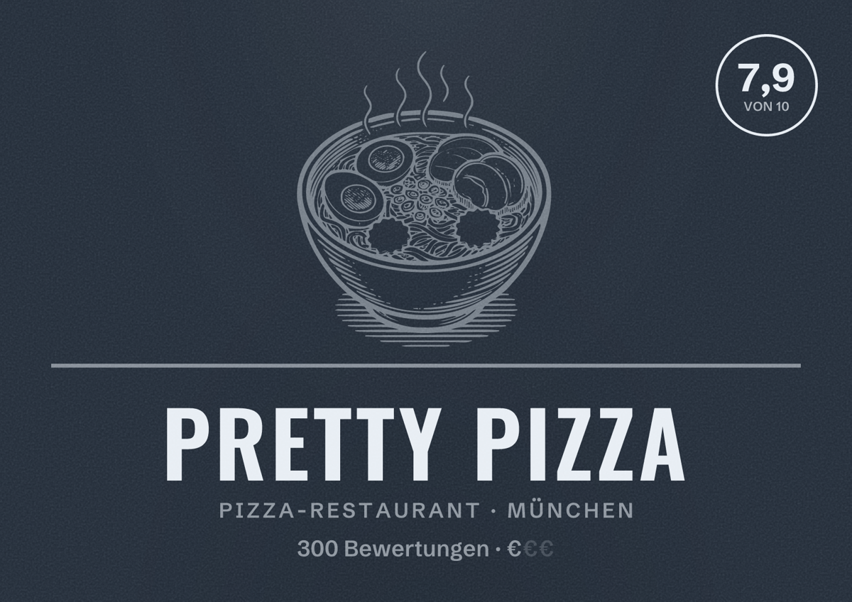 Illustriertes Poster von Pretty Pizza, Pizza-Restaurant in München: Bewertung 7,9 von 10 aus 300 Bewertungen, Preisniveau €