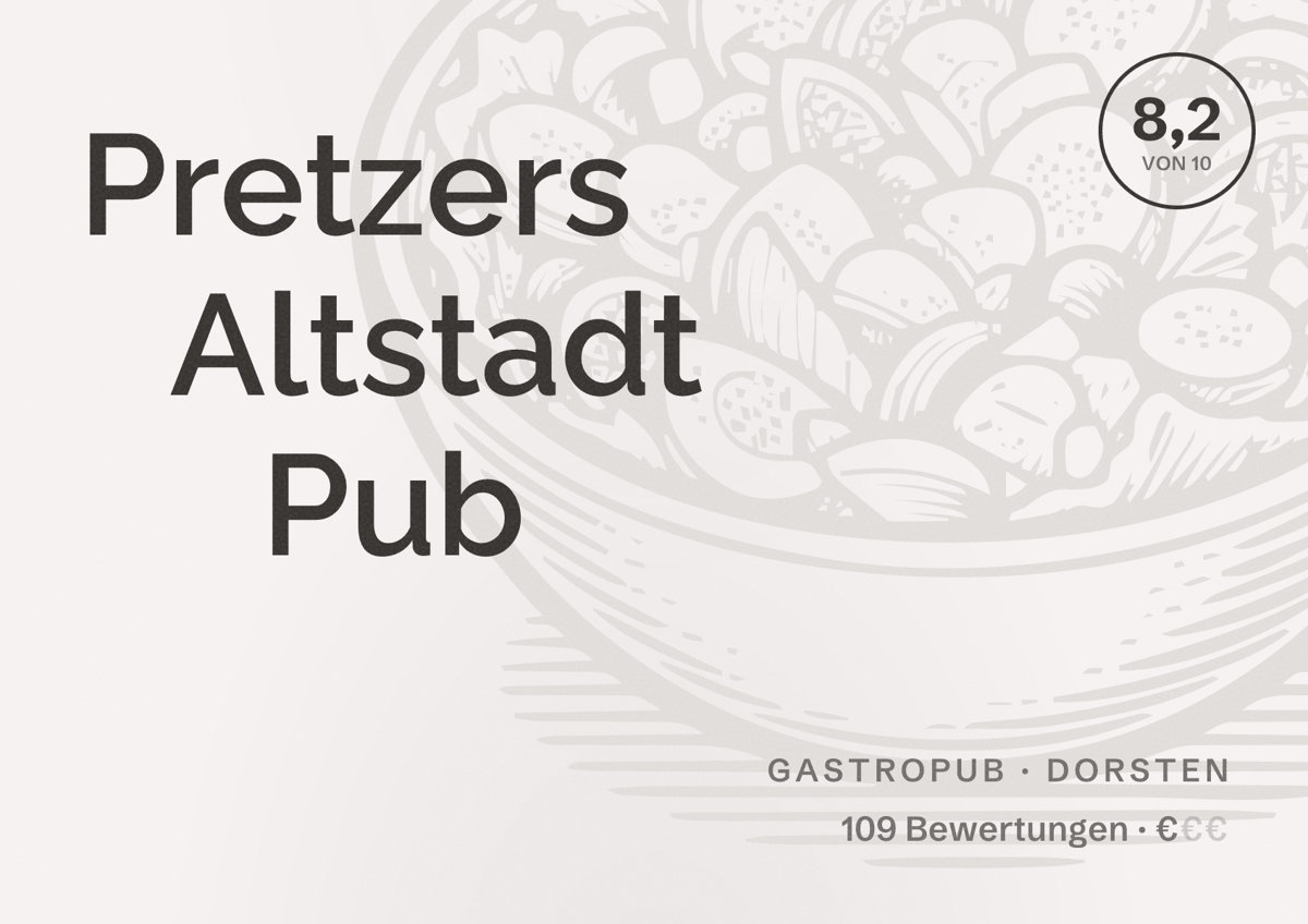 Illustriertes Poster von Pretzers Altstadt Pub, Gastropub in Dorsten: Bewertung 8,2 von 10 aus 109 Bewertungen, Preisniveau €