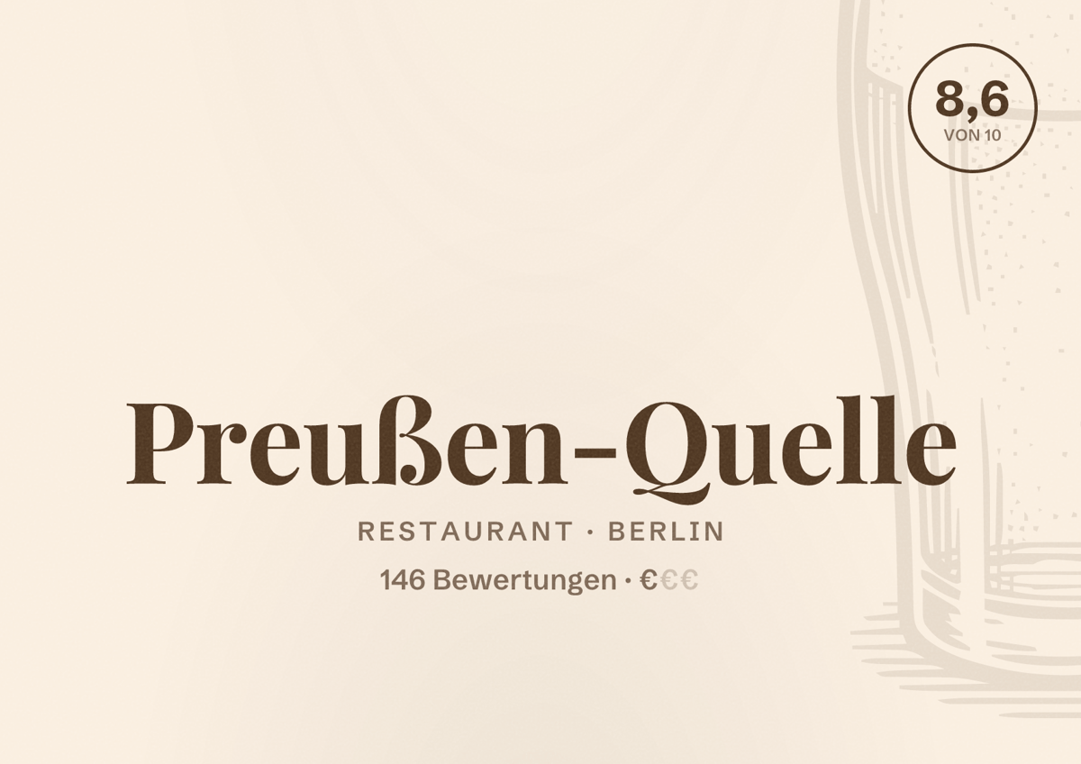 Illustriertes Poster von Preußen-Quelle, Restaurant in Berlin: Bewertung 8,6 von 10 aus 146 Bewertungen, Preisniveau €