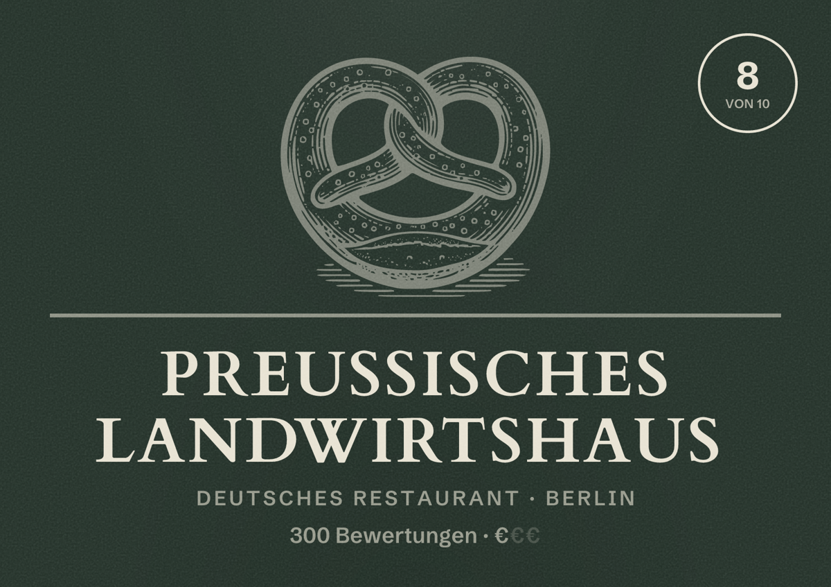 Illustriertes Poster von Preußisches Landwirtshaus, Deutsches Restaurant in Berlin: Bewertung 8,0 von 10 aus 300 Bewertungen, Preisniveau €