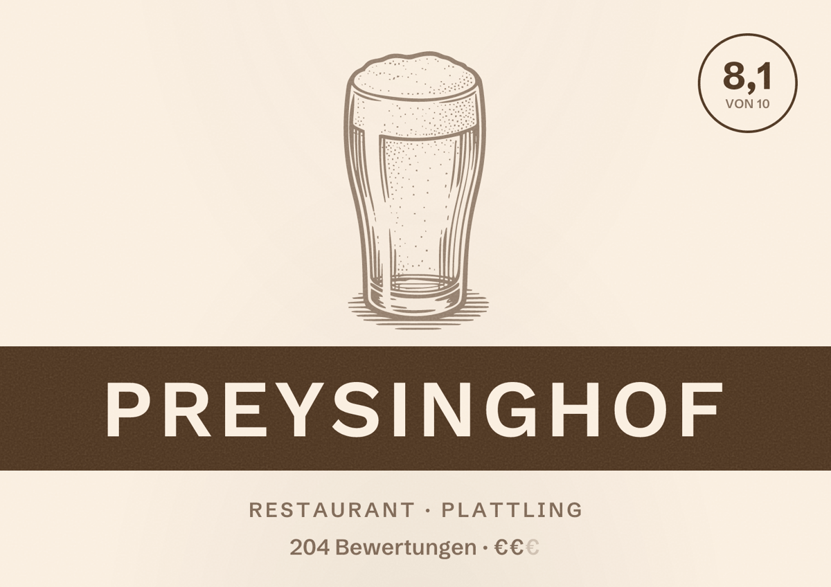 Illustriertes Poster von Preysinghof, Restaurant in Plattling: Bewertung 8,1 von 10 aus 204 Bewertungen, Preisniveau €€