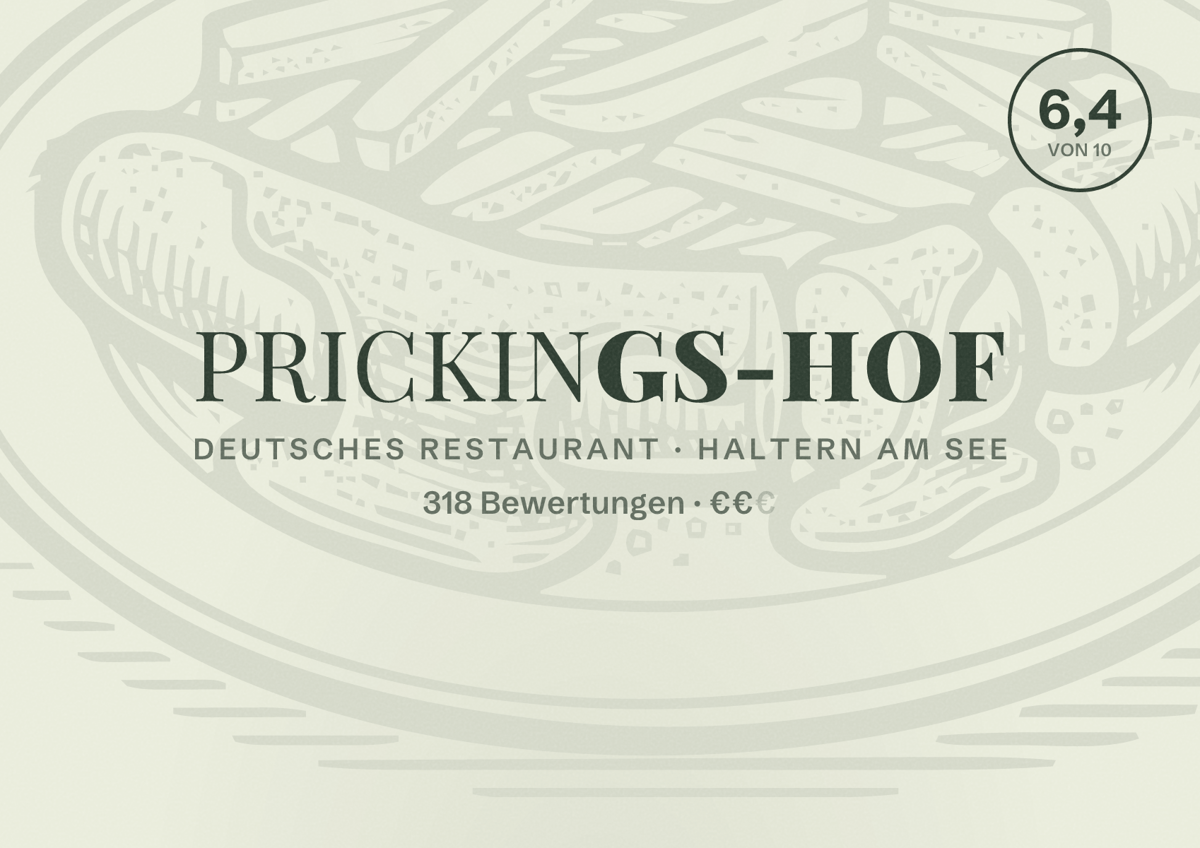 Illustriertes Poster von Prickings-Hof, Deutsches Restaurant in Haltern am See: Bewertung 6,4 von 10 aus 318 Bewertungen, Preisniveau €€