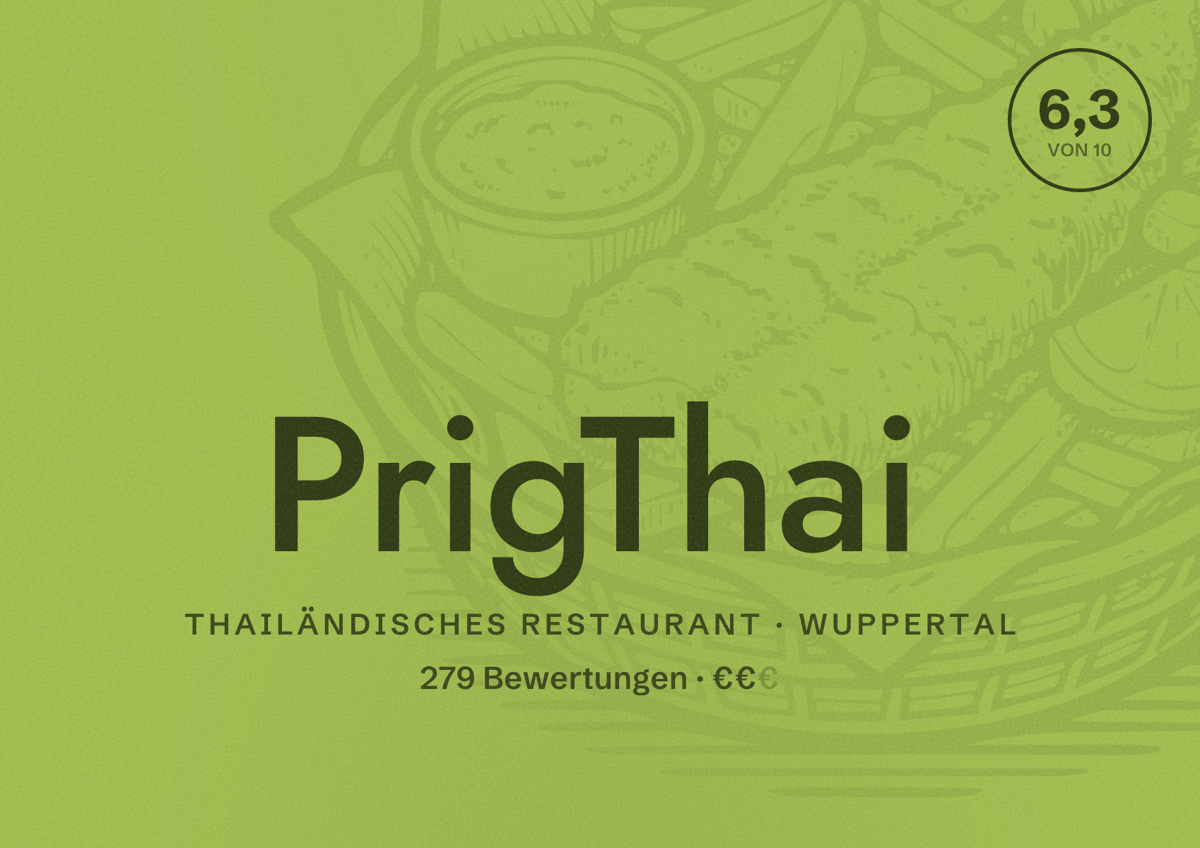 Illustriertes Poster von PrigThai, Thailändisches Restaurant in Wuppertal: Bewertung 6,3 von 10 aus 279 Bewertungen, Preisniveau €€