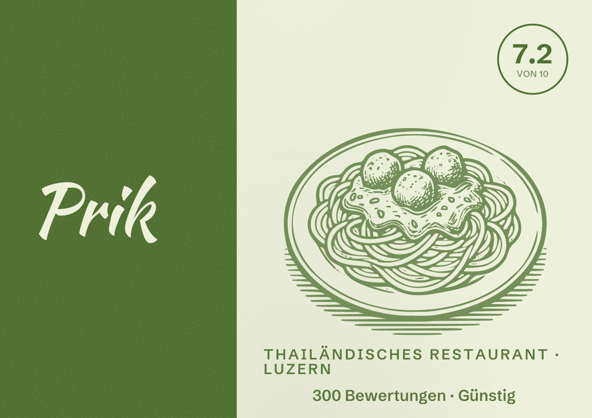 Illustriertes Poster von Prik, Thailändisches Restaurant in Luzern: Bewertung 7.2 von 10 aus 300 Bewertungen, Preisniveau Günstig