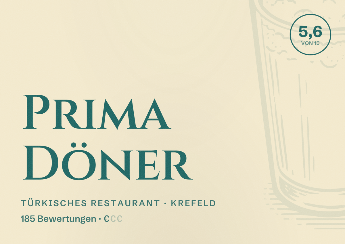 Illustriertes Poster von Prima Döner, Türkisches Restaurant in Krefeld: Bewertung 5,6 von 10 aus 185 Bewertungen, Preisniveau €