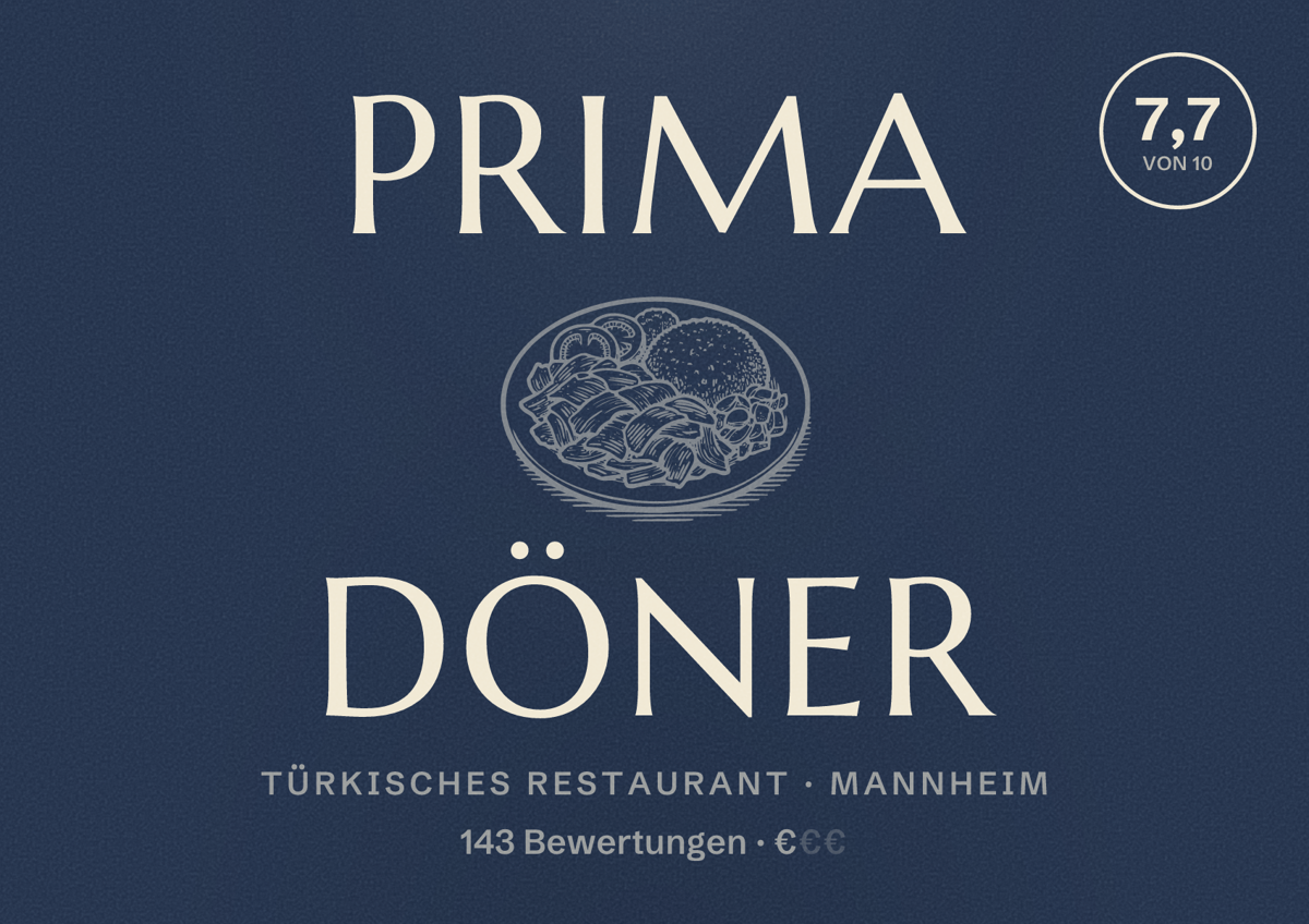Illustriertes Poster von Prima Döner, Türkisches Restaurant in Mannheim: Bewertung 7,7 von 10 aus 143 Bewertungen, Preisniveau €