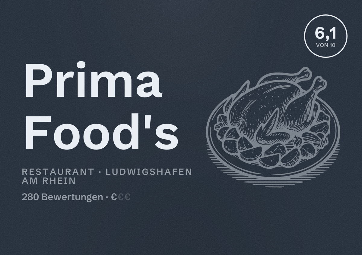 Illustriertes Poster von Prima Food's, Restaurant in Ludwigshafen am Rhein: Bewertung 6,1 von 10 aus 280 Bewertungen, Preisniveau €