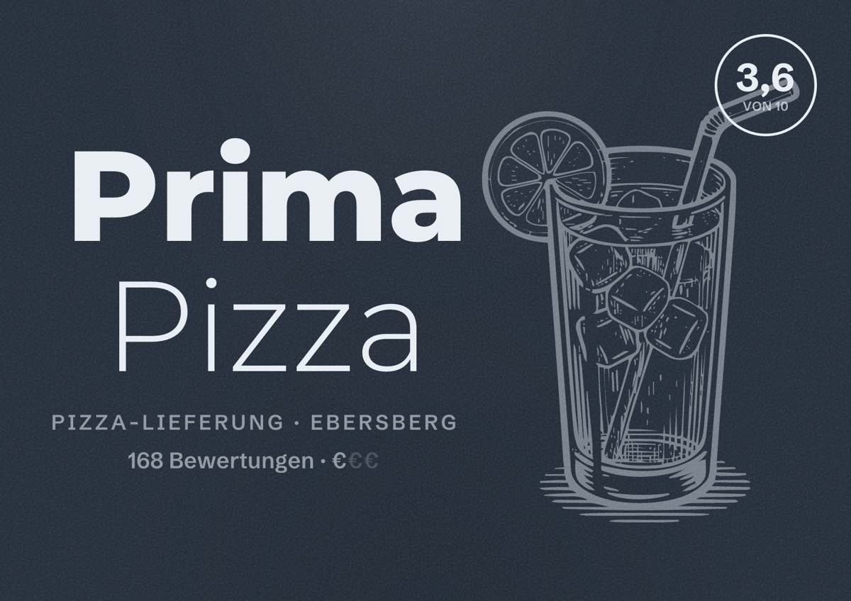 Illustriertes Poster von Prima Pizza, Pizza-Lieferung in Ebersberg: Bewertung 3,6 von 10 aus 168 Bewertungen, Preisniveau €