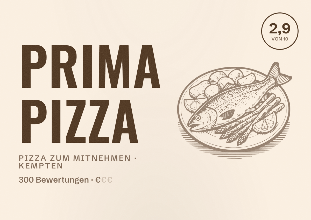 Illustriertes Poster von Prima Pizza, Pizza zum Mitnehmen in Kempten: Bewertung 2,9 von 10 aus 300 Bewertungen, Preisniveau €