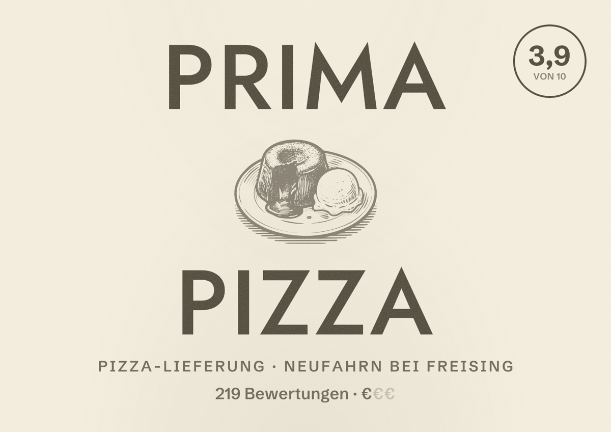 Illustriertes Poster von Prima Pizza, Pizza-Lieferung in Neufahrn bei Freising: Bewertung 3,9 von 10 aus 219 Bewertungen, Preisniveau €