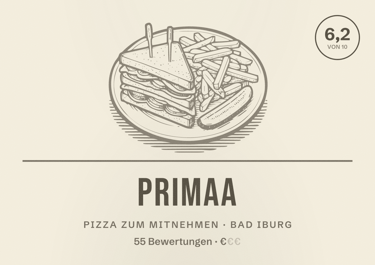 Illustriertes Poster von Primaa, Pizza zum Mitnehmen in Bad Iburg: Bewertung 6,2 von 10 aus 55 Bewertungen, Preisniveau €