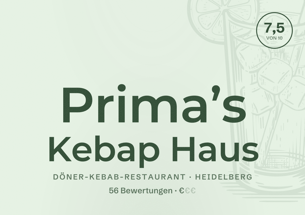 Illustriertes Poster von Prima’s Kebap Haus, Döner-Kebab-Restaurant in Heidelberg: Bewertung 7,5 von 10 aus 56 Bewertungen, Preisniveau €