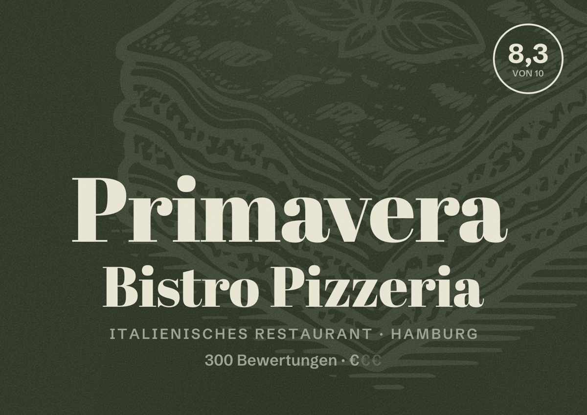 Illustriertes Poster von Primavera Bistro Pizzeria, Italienisches Restaurant in Hamburg: Bewertung 8,3 von 10 aus 300 Bewertungen, Preisniveau €