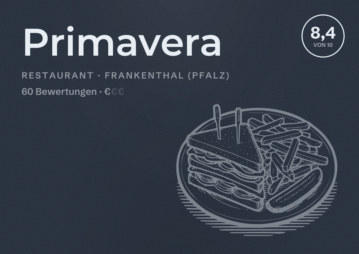 Illustriertes Poster von Primavera, Restaurant in Frankenthal (Pfalz): Bewertung 8,4 von 10 aus 60 Bewertungen, Preisniveau €