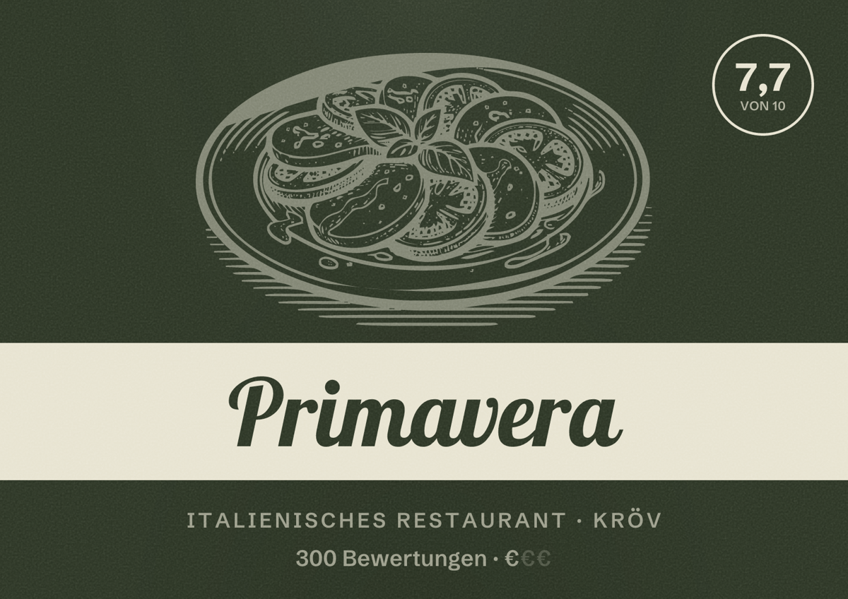 Illustriertes Poster von Primavera, Italienisches Restaurant in Kröv: Bewertung 7,7 von 10 aus 300 Bewertungen, Preisniveau €