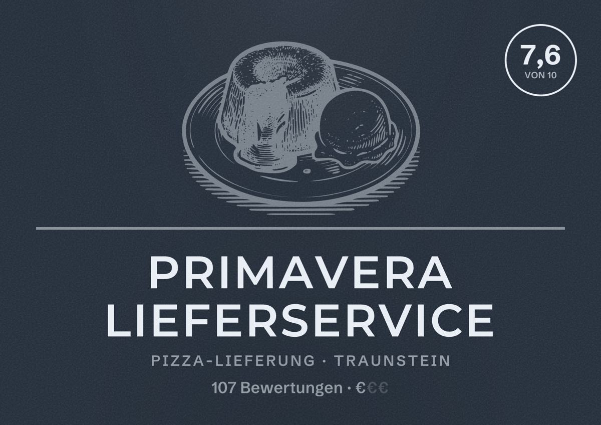 Illustriertes Poster von Primavera Lieferservice, Pizza-Lieferung in Traunstein: Bewertung 7,6 von 10 aus 107 Bewertungen, Preisniveau €