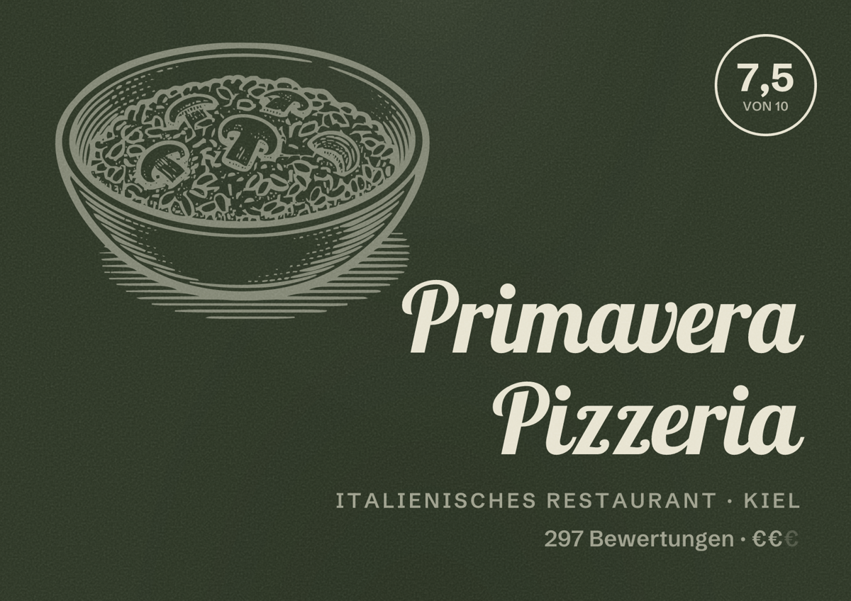 Illustriertes Poster von Primavera Pizzeria, Italienisches Restaurant in Kiel: Bewertung 7,5 von 10 aus 297 Bewertungen, Preisniveau €€