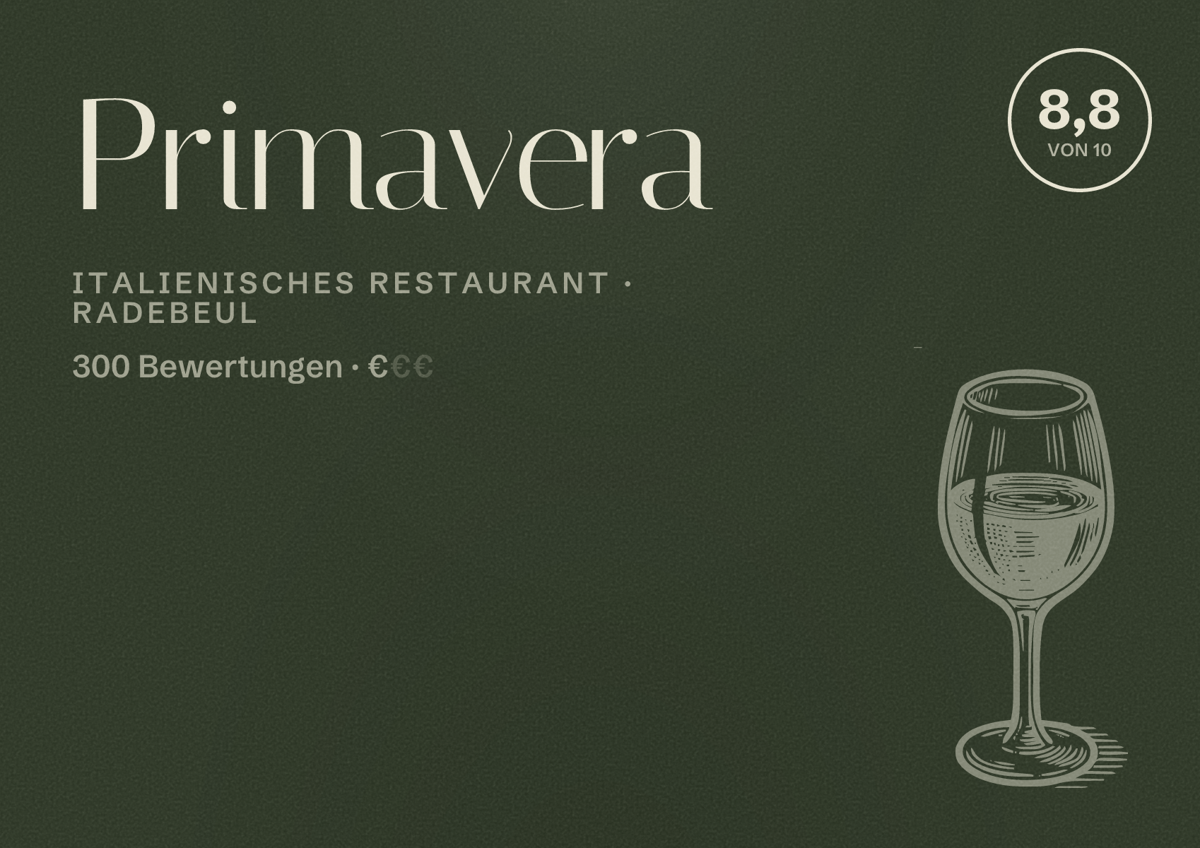 Illustriertes Poster von Primavera, Italienisches Restaurant in Radebeul: Bewertung 8,8 von 10 aus 300 Bewertungen, Preisniveau €
