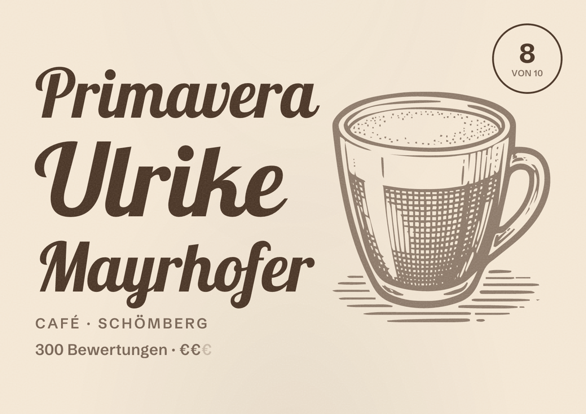 Illustriertes Poster von Primavera Ulrike Mayrhofer, Café in Schömberg: Bewertung 8 von 10 aus 300 Bewertungen, Preisniveau €€