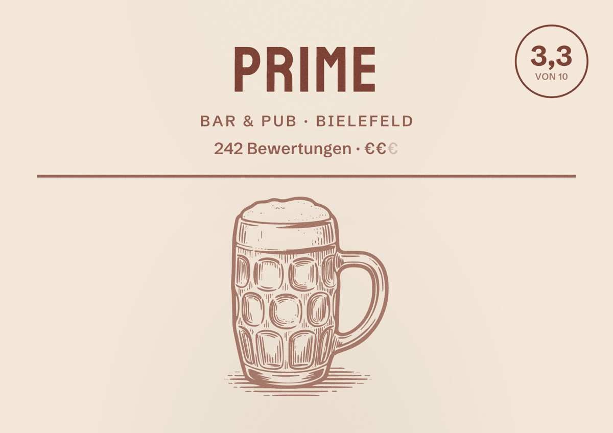 Illustriertes Poster von Prime, Bar & Pub in Bielefeld: Bewertung 3,3 von 10 aus 242 Bewertungen, Preisniveau €€