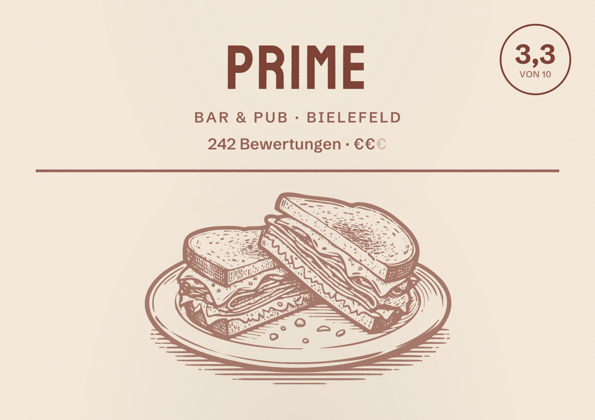 Illustriertes Poster von Prime, Bar & Pub in Bielefeld: Bewertung 3,3 von 10 aus 242 Bewertungen, Preisniveau €€