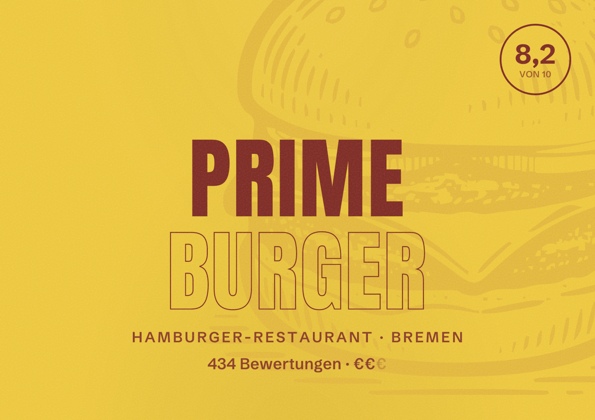 Illustriertes Poster von Prime Burger, Hamburger-Restaurant in Bremen: Bewertung 8,2 von 10 aus 434 Bewertungen, Preisniveau €€