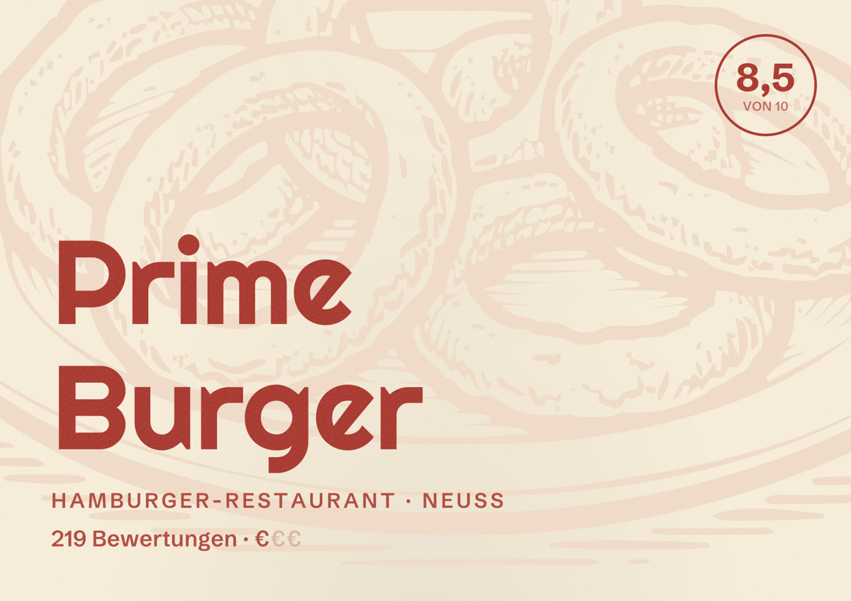 Illustriertes Poster von Prime Burger, Hamburger-Restaurant in Neuss: Bewertung 8,5 von 10 aus 219 Bewertungen, Preisniveau €
