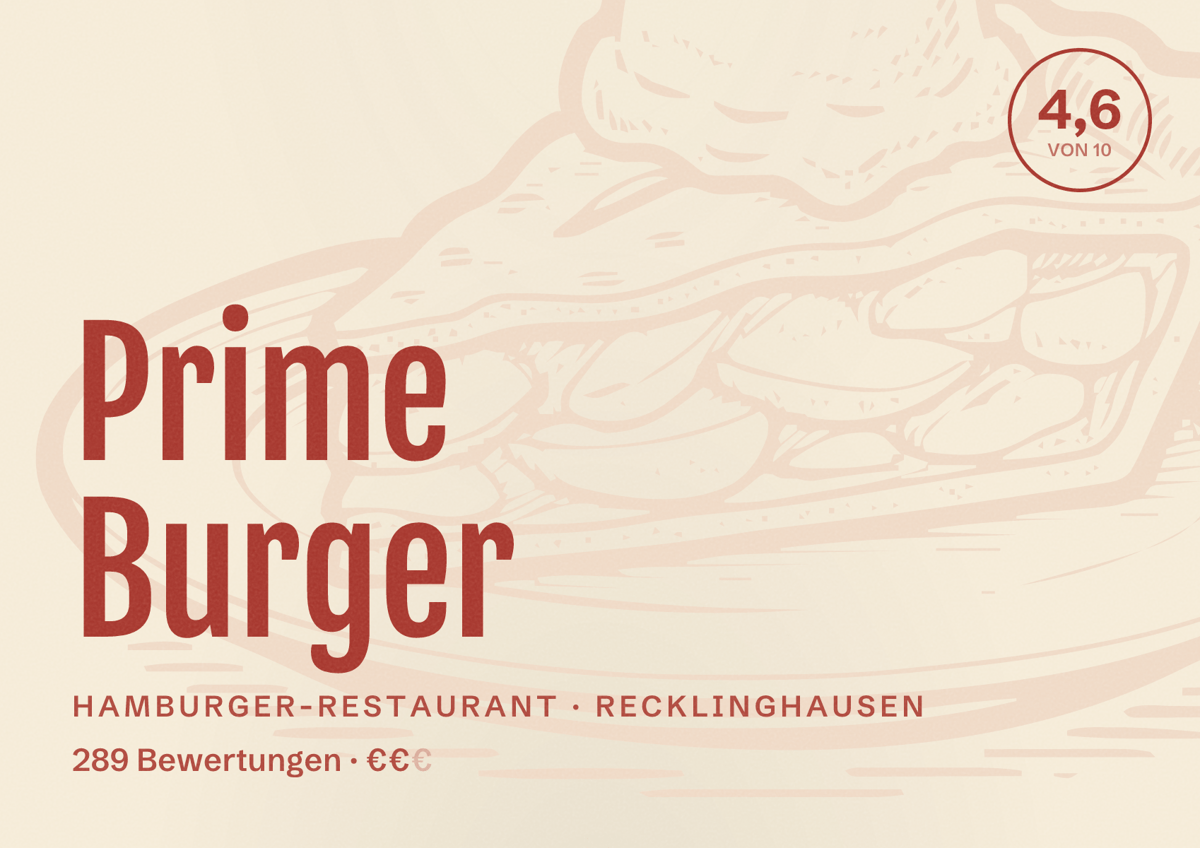 Illustriertes Poster von Prime Burger, Hamburger-Restaurant in Recklinghausen: Bewertung 4,6 von 10 aus 289 Bewertungen, Preisniveau €€