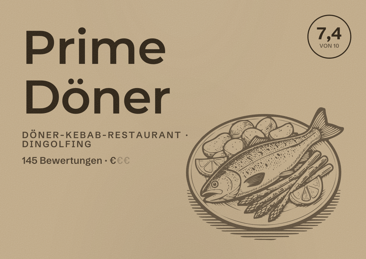 Illustriertes Poster von Prime Döner, Döner-Kebab-Restaurant in Dingolfing: Bewertung 7,4 von 10 aus 145 Bewertungen, Preisniveau €
