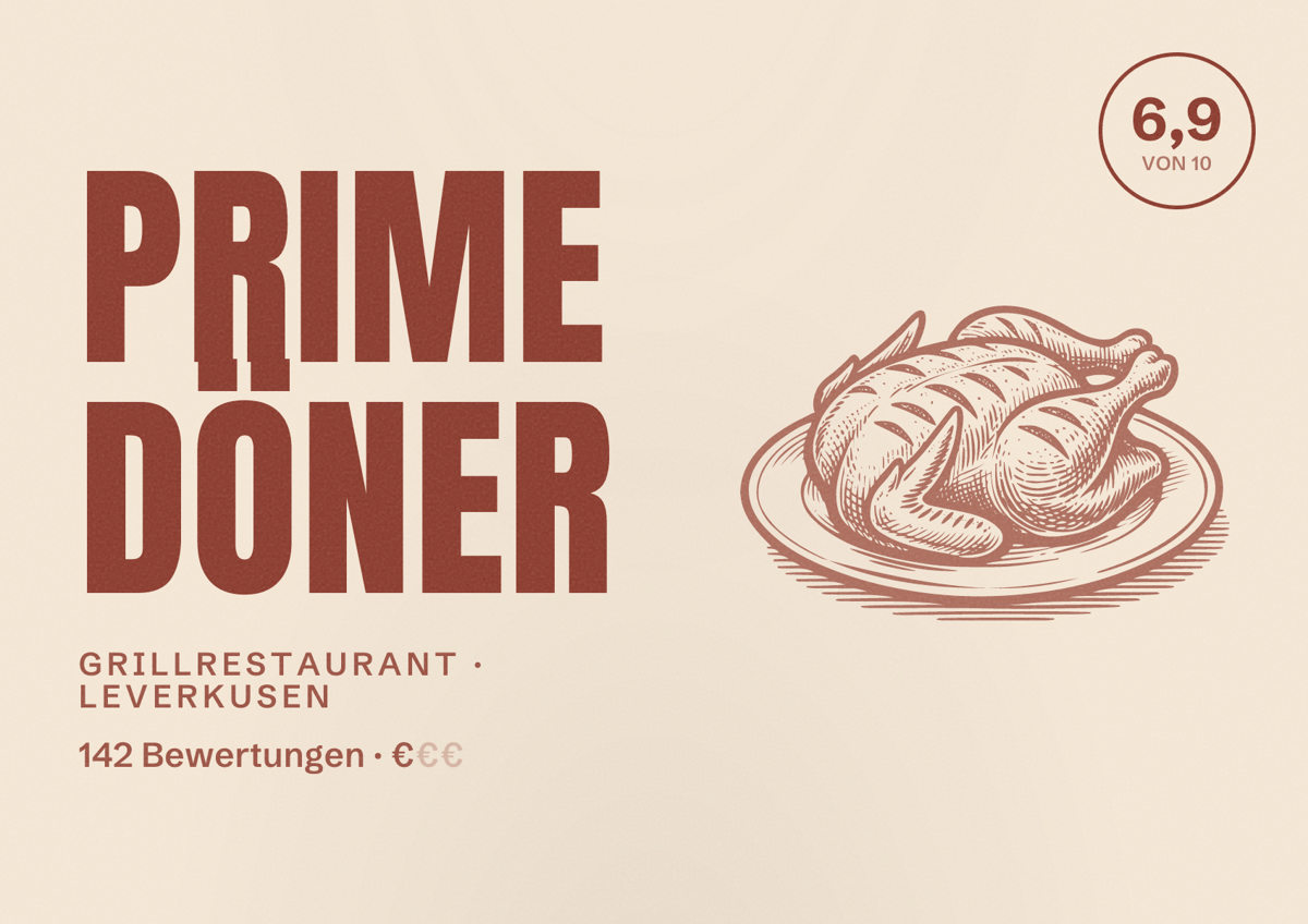 Illustriertes Poster von Prime Döner, Grillrestaurant in Leverkusen: Bewertung 6,9 von 10 aus 142 Bewertungen, Preisniveau €